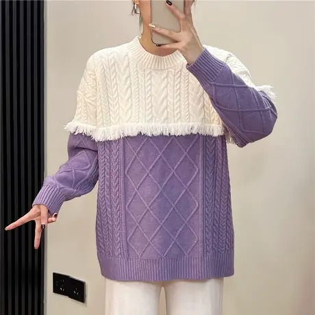 2023新款秋冬外穿慵懒风撞色拼接流苏圆领毛衣宽松针织打底上衣女商品大图