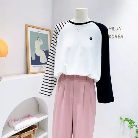 韩国东大门防晒长袖T恤衫2023夏季ins笑脸设计感天丝棉条纹上衣潮图片