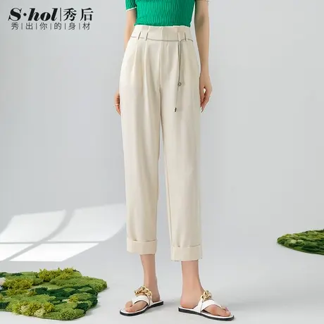 柔肤丝九分高腰哈伦裤女白色2023夏季薄款休闲裤女宽松链条裤子女图片