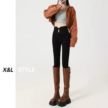 黑色高腰小脚加绒牛仔裤女秋冬2023新款显瘦弹力小个子紧身铅笔裤商品大图