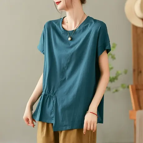 dza全棉不规则短袖T恤女2023夏薄款圆领打底体恤宽松收腰套头上衣商品大图