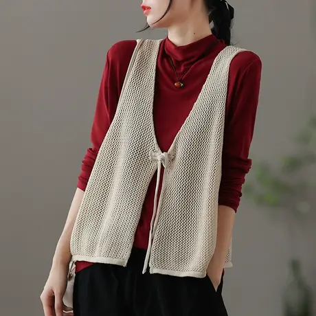 dza 宽松V领镂空针织马甲背心女士秋季新款外搭休闲毛衣马夹上衣图片