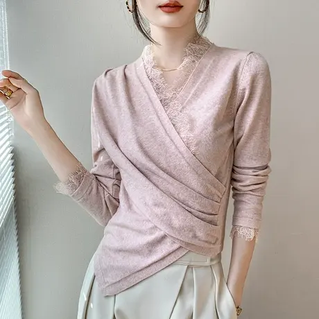 针织衫女2023秋冬新款蕾丝交叉V领不规则褶皱上衣修身长袖打底衫图片