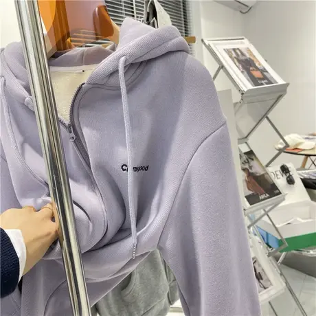 香芋紫加绒加厚连帽卫衣女冬季字母刺绣宽松百搭灰色休闲拉链外套商品大图