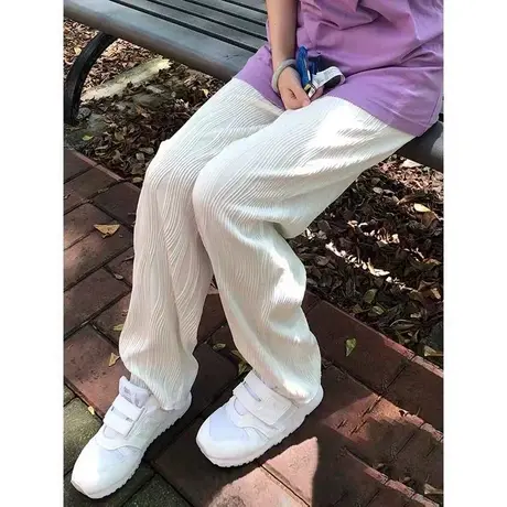 冰丝百褶阔腿裤女夏季薄款高腰垂感宽松直筒设计感水波纹凉凉裤子商品大图