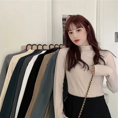 半高领加绒加厚德绒打底衫女冬季内搭修身长袖t恤2020保暖上衣服商品大图