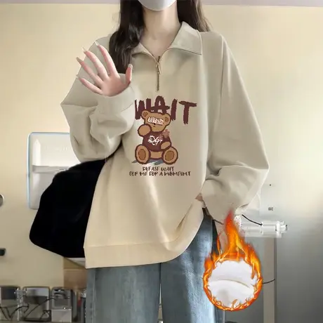 学院风翻领卫衣女Polo领大码复古卡通加绒上衣ins秋冬季闺蜜外套商品大图