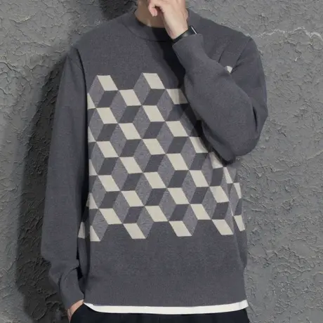 男士秋冬季宽松毛衣新款长袖潮流圆领针织衫打底衫棋盘格子上衣服图片