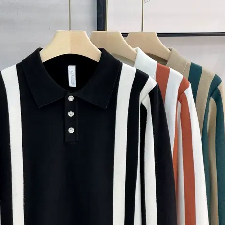 高级感条纹polo翻领针织衫男套头2023秋冬季新款复古毛衫外套上衣商品大图