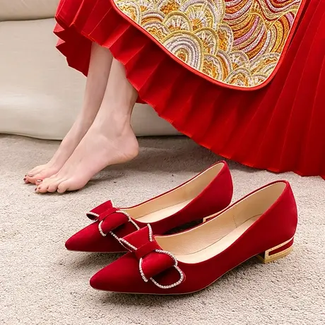 粗跟婚鞋女春季2023年新款中式红色新娘鞋子不累脚孕妇可穿高跟鞋商品大图