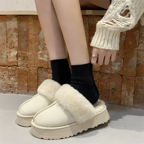 百搭勃肯包头半拖女2023新款毛毛鞋平底防滑冬季面包保暖外穿拖鞋商品大图