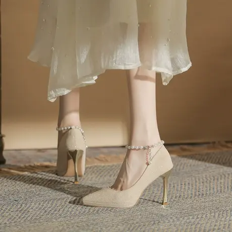 法式婚鞋高跟鞋女2024年秋季新款细跟尖头单鞋设计感小众气质名媛图片