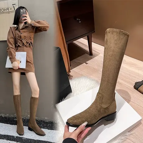不过膝弹力长靴女2024冬季新款方头粗跟绒面高筒靴显瘦百搭长筒靴商品大图