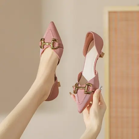 包头凉鞋2024年夏季新款尖头中空一脚蹬浅口单鞋小众设计感高跟鞋商品大图