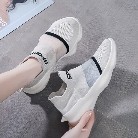 袜子鞋女夏季薄款飞织休闲运动鞋2023新款透气网面孕妇布鞋一脚蹬商品大图