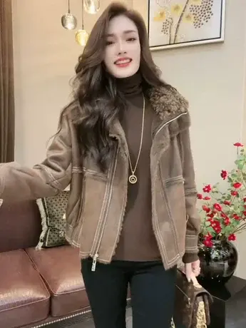 欧洲站2023冬季新款洋气拼接拉链加绒皮外套女时尚百搭显瘦夹克潮商品大图