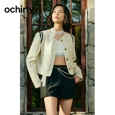 【品牌甄选】欧时力 粗花呢小香风短外套 23新款秋撞色拼接设计感商品大图