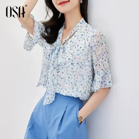 OSA欧莎五分袖碎花雪纺衫女夏季2022年新款洋气遮肚小衫飘带上衣商品大图