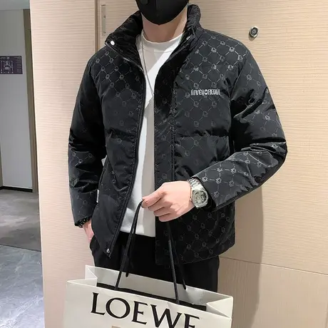 羽绒服男冬季2023新款个性满印潮牌立领加厚轻熟短款印花羽绒外套商品大图