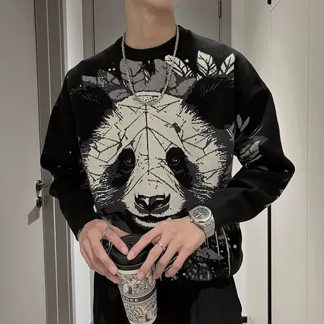 高级感潮牌大熊猫提花针织毛衣男冬季2023新款重磅加厚打底毛线衣商品大图