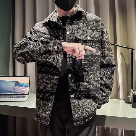 痞帅高级感潮牌花色牛仔夹克男2023秋季新款潮流韩版百搭印花外套商品大图