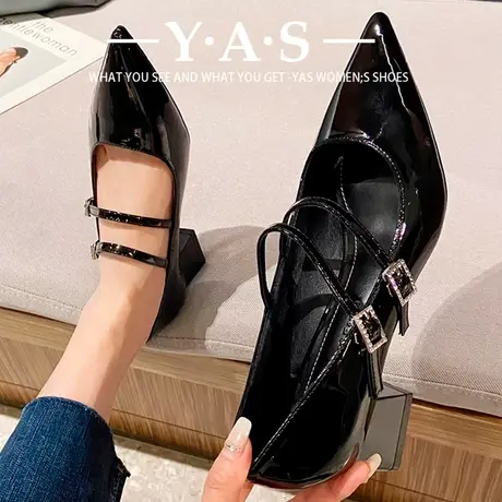 法式复古黑色时尚玛丽珍鞋女24春季新款尖头一字带粗跟百搭高跟鞋图片