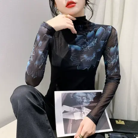 设计感欧货女装加绒半高领长袖打底衫网纱印花内塔上衣女修身T恤商品大图
