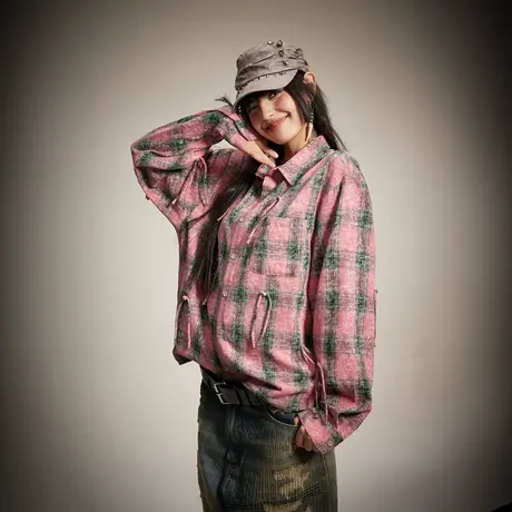 美式复古设计感红格子衬衫女春秋2024年新款街头潮牌上衣宽松衬衣商品大图