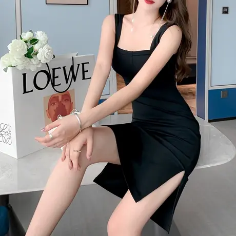 平时可穿赫本风礼服小黑裙露背性感收腰包臀连衣裙2023夏季新款女商品大图