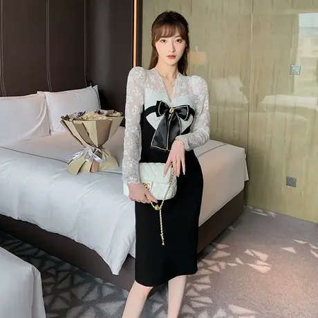 设计感名媛蕾丝连衣裙秋季新款小众轻奢高级感拼接显瘦气质包臀裙商品大图