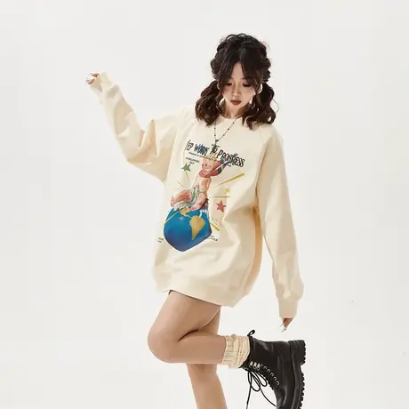 YEP复古印花圆领卫衣女2024春季新款情侣装宽松oversize无帽上衣商品大图