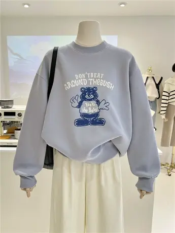 2024春季新款卡通植绒小熊印花宽松韩系圆领套头卫衣女内搭休闲商品大图