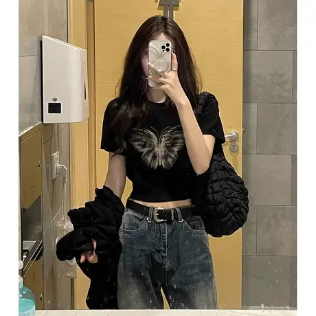 美式辣妹风短袖t恤女正肩夏季独特小众修身显瘦露脐高腰短款上衣商品大图