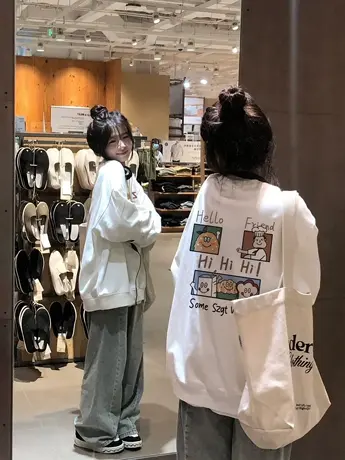 圆领卫衣女春秋薄款小个子美式复古慵懒风oversize宽松无帽上衣潮图片