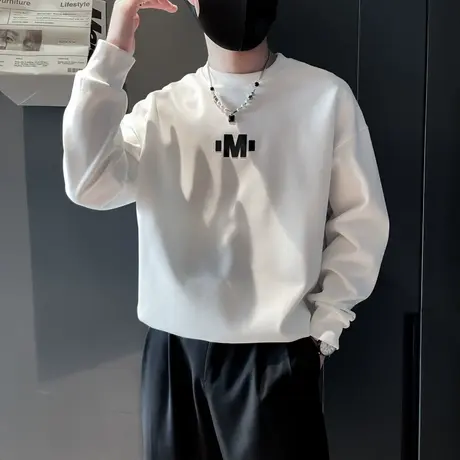 圆领卫衣男韩版休闲印花上衣春季简约潮牌ins小众内搭长袖T恤外套商品大图