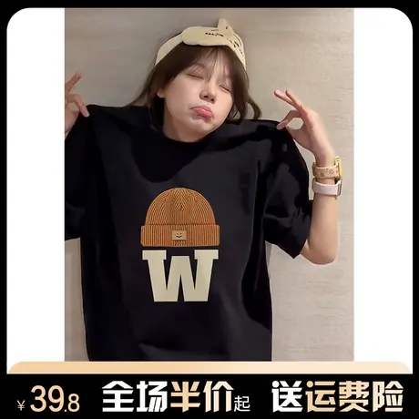 纯棉美式复古短袖t恤女2024年新款爆款夏季宽松高街半袖上衣潮牌图片