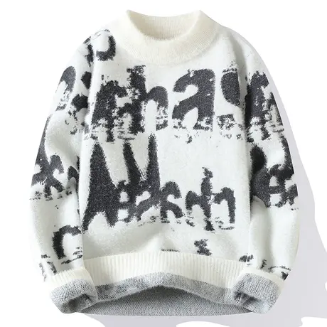 圆领毛衣男士秋冬款潮牌保暖提花字母毛线衣套头软糯打底针织衫帅商品大图