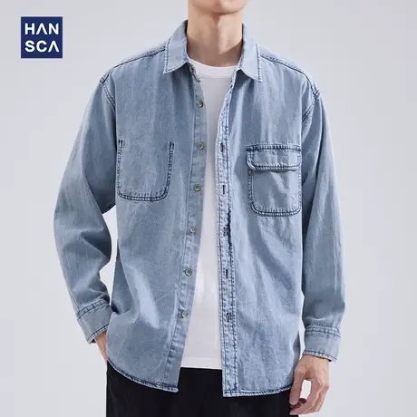 hansca2022秋季新款潮牌牛仔长袖衬衫男士纯棉宽松百搭复古外套男商品大图
