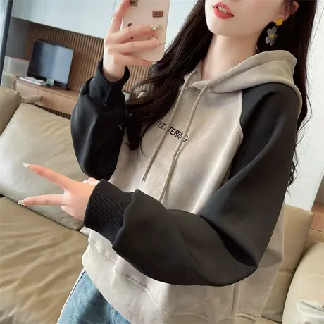 早春设计感小众连帽卫衣女春秋季韩版宽松薄款小个子撞色插肩外套图片
