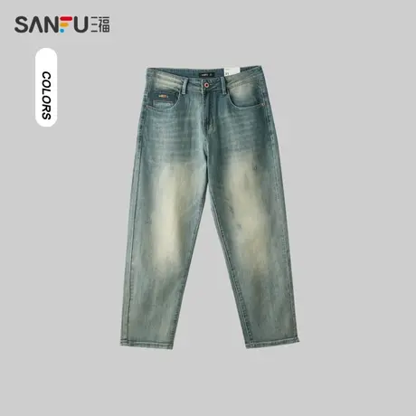 三福2024夏季男士复古蓝绿阴影牛仔裤 合身小直筒长裤男483250图片