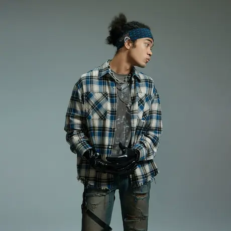 街头复古做旧毛边格子衬衫男士春秋季新款情侣装潮牌宽松美式衬衣图片