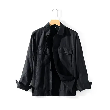 2024亚麻休闲衬衫男春季新款宽松黑色男士日系复古长袖高级感衬衣商品大图