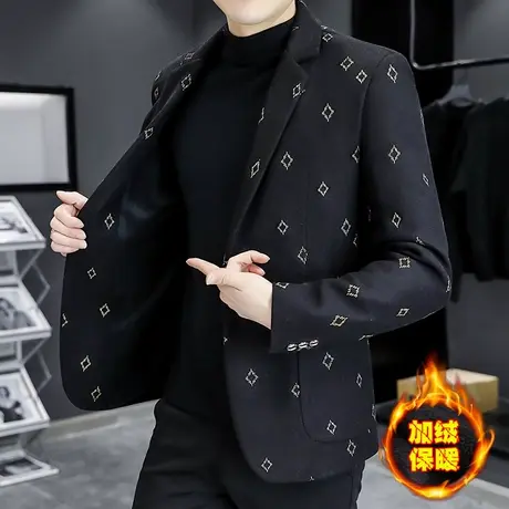 加绒加厚西服外套男士秋冬季潮流韩版休闲上衣男装青年呢子小西装商品大图