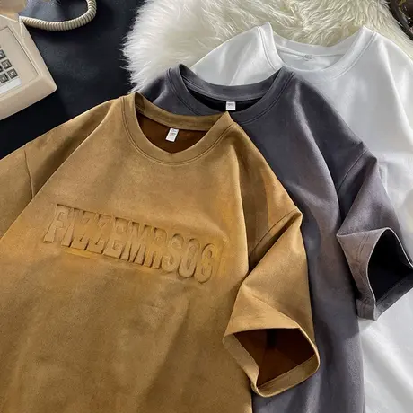 短袖t恤男夏季新款美式复古潮牌宽松重磅痞帅潮流麂皮绒半袖体恤t商品大图