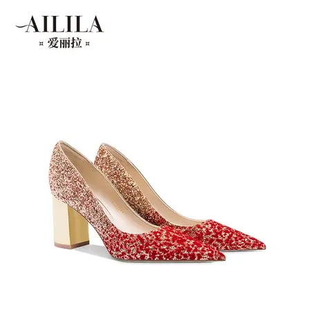 爱丽拉红色粗跟结婚鞋女2023新款中式禾秀服新娘高跟鞋孕妇不累脚商品大图