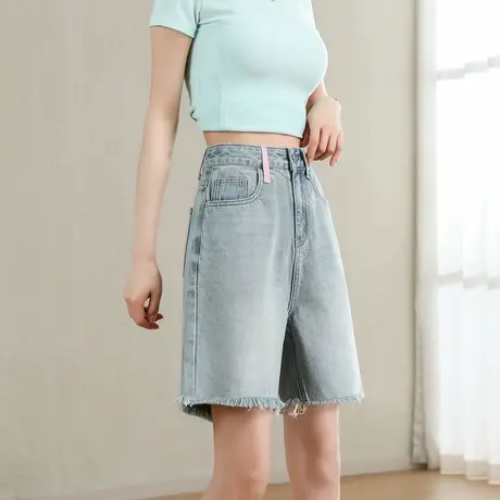 时尚气质牛仔短裤2023年夏季新款淑女温柔高腰显瘦通勤直筒中裤图片