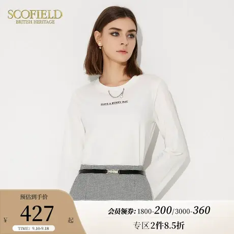 Scofield通勤圆领伯爵兔印花休闲白色长袖T恤女装2023年秋季新款图片
