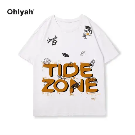 Ohlyah趣味宇宙飞船涂鸦印花宽松圆领纯棉短袖t恤男女同款上衣潮商品大图