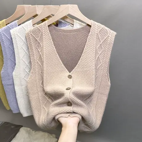 秋装新款V领针织马甲女开衫外搭背心叠穿无袖毛衣坎肩马夹外套女商品大图