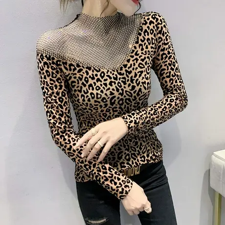 性感镂空豹纹T恤女长袖欧货洋气露肩打底衫ins设计感小众烫钻上衣图片